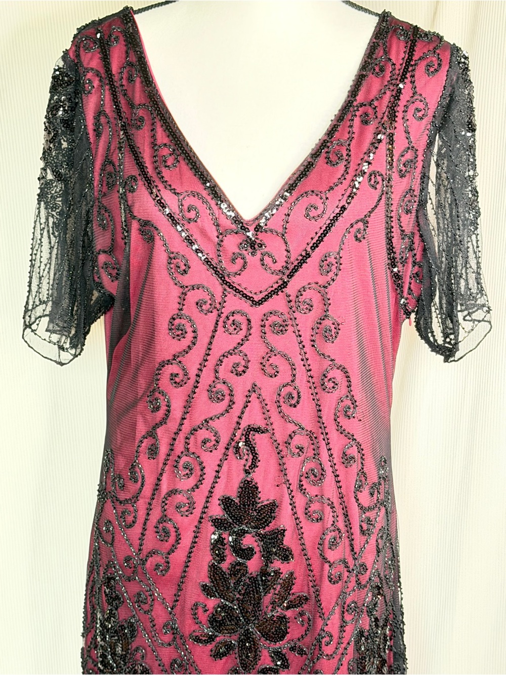 BABEYOND XXL Black Beaded Fringe Flapper Dress Raspberry Pink Art Deco Gatsby - Picture 2 of 13